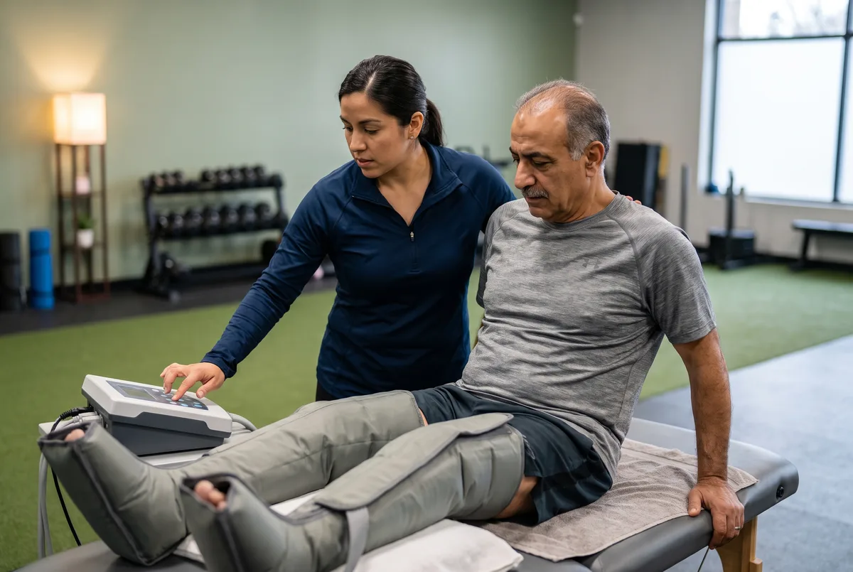 Patient receiving cold compression therapy on both legs