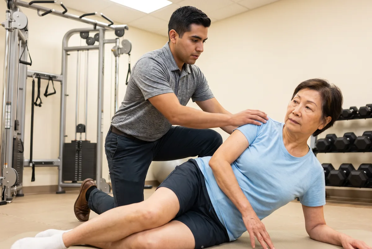 Doctor of Physical Therapy assessing a patient's shoulder movement and rotator cuff