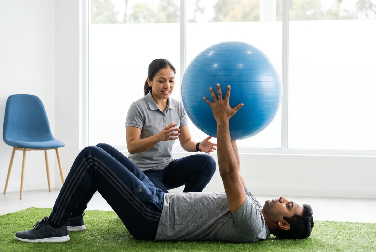 Doctor of Physical Therapy guiding an athlete through a core stability exercise as part of a rehab plan
